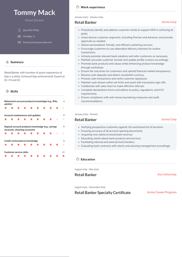 Retail Banker Resume Examples and Templates