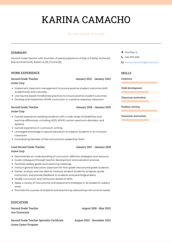 Second Grade Teacher Resume Examples and Templates