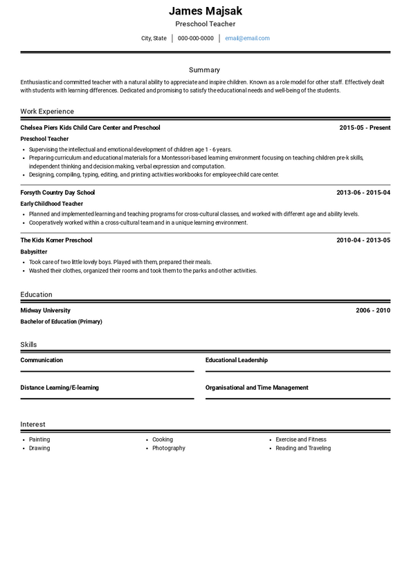 Preschool Teacher Resume Samples 3 Examples Visualcv 