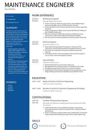 Maintenance Engineer Resume Samples and Templates | VisualCV