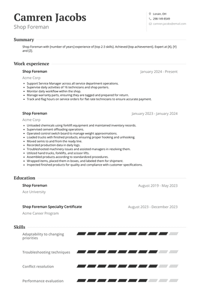 Shop Foreman Resume Examples and Templates