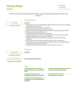 Lot Porter Resume Sample and Template