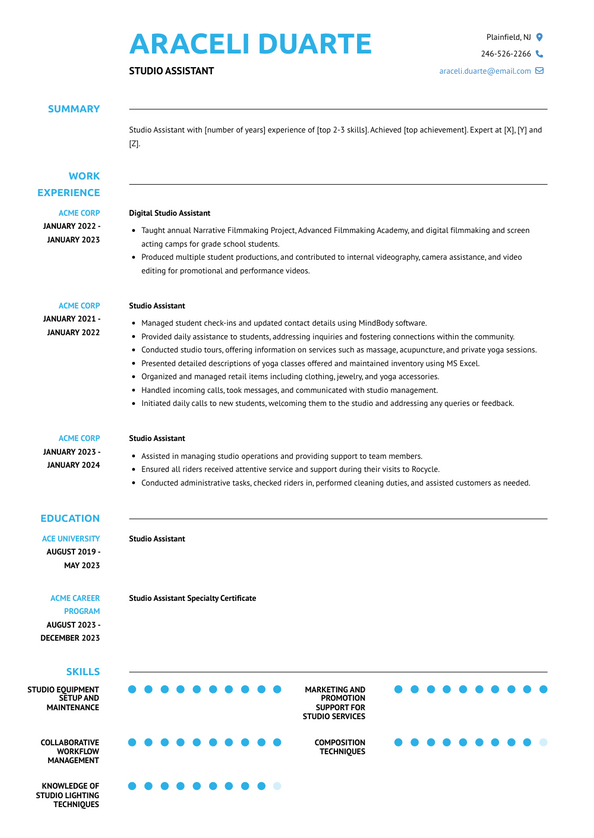 Studio Assistant Resume Examples and Templates