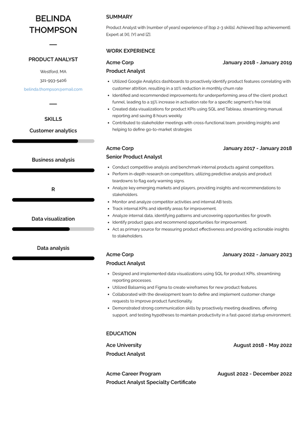 senior product analyst resume