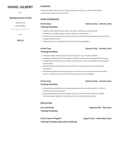 Training Facilitator Resume Examples and Templates