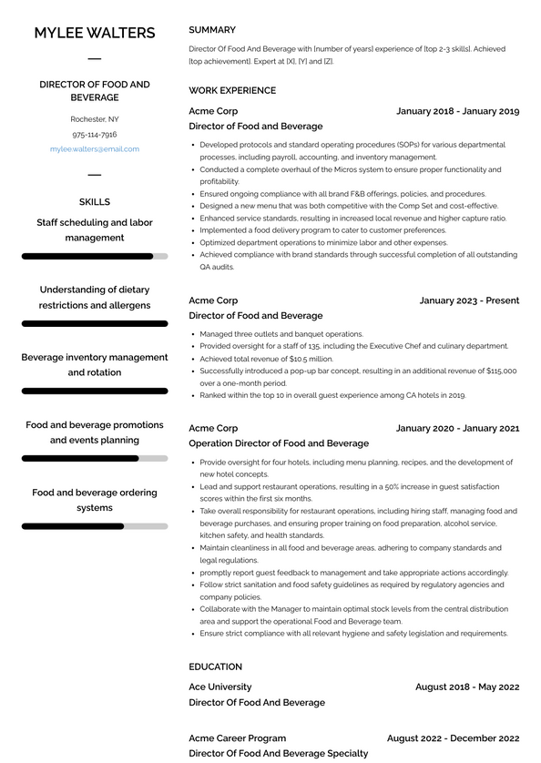 3+ Director Of Food And Beverage Resume Examples and Templates