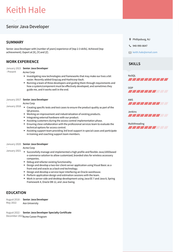 senior java developer resume template