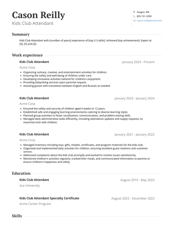 Kids Club Attendant Resume Examples and Templates