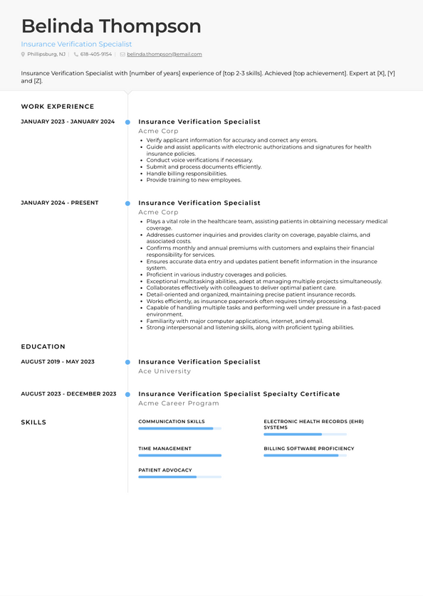 Insurance Verification Specialist Resume Examples and Templates