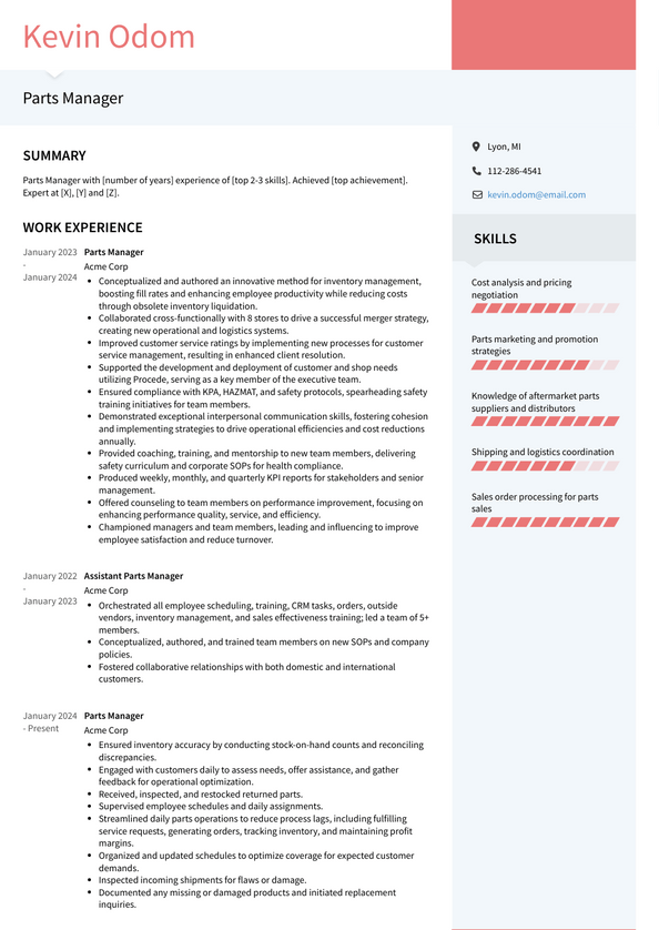 Parts Manager Resume Examples and Templates