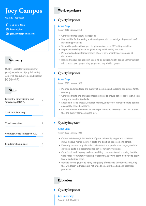 Quality Inspector Resume Examples and Templates