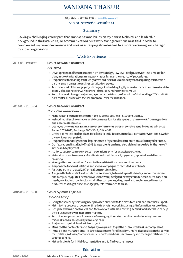 Network Consultant Resume Samples and Templates | VisualCV