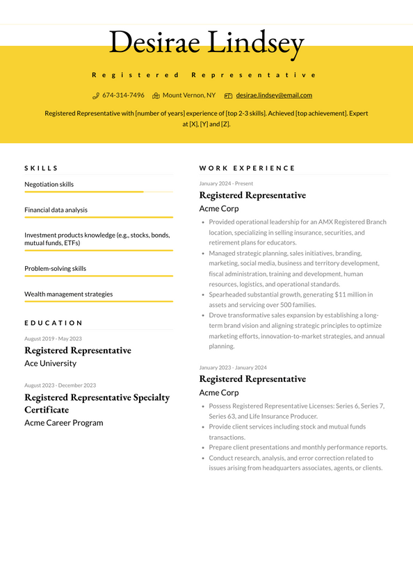 Registered Representative Resume Examples and Templates