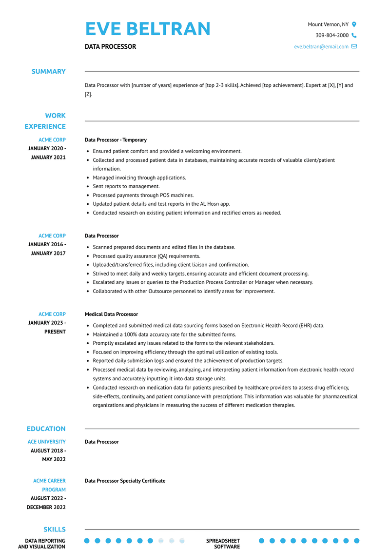 Data Processor Resume Sample and Template