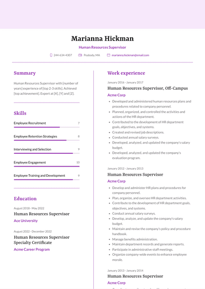 Human Resources Supervisor Resume Examples and Templates