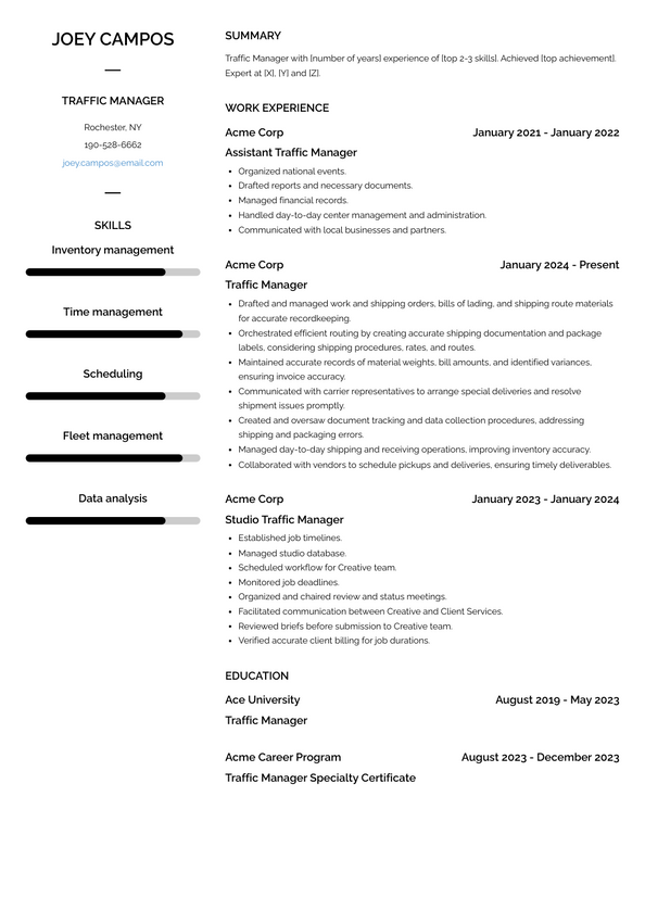 Traffic Manager Resume Examples and Templates