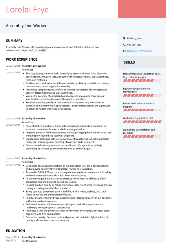 Assembly Line Worker Resume Examples and Templates