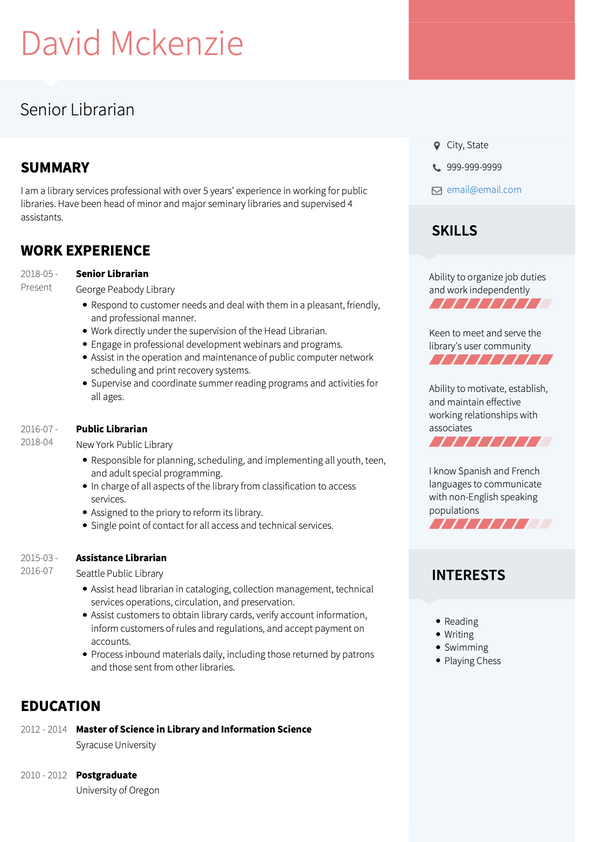 Librarian CV Examples & Templates | VisualCV