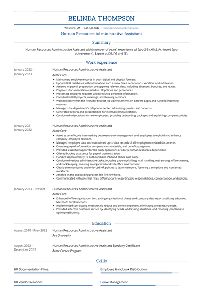 resume for human resources administrative assistant