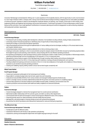 Food And Beverage Manager Resume Samples and Templates | VisualCV