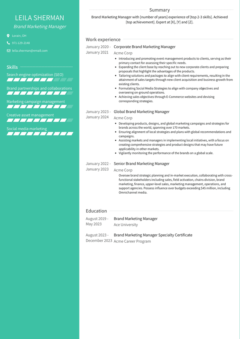 Brand Marketing Manager Resume Sample and Template