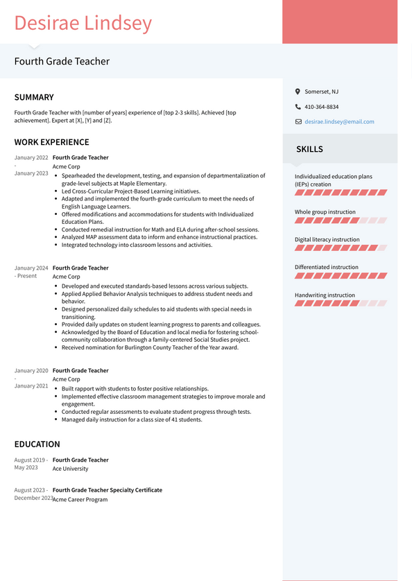 Fourth Grade Teacher Resume Examples and Templates