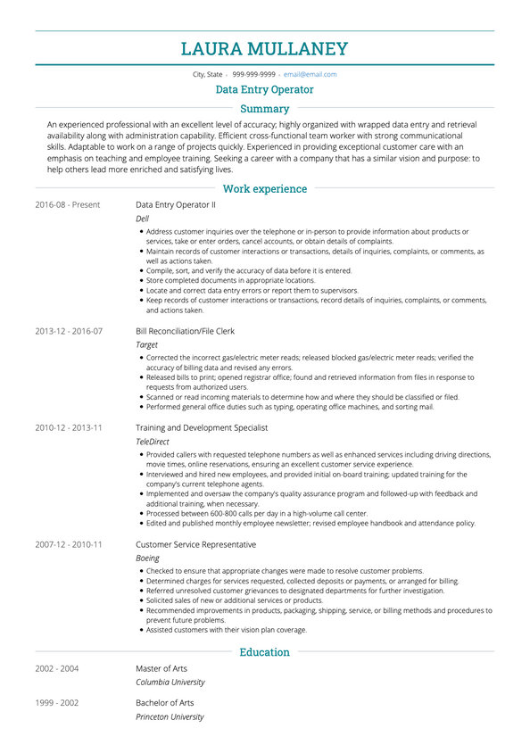 Data Entry Operator CV Examples & Templates | VisualCV