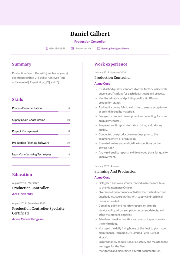 Production Controller Resume Examples and Templates