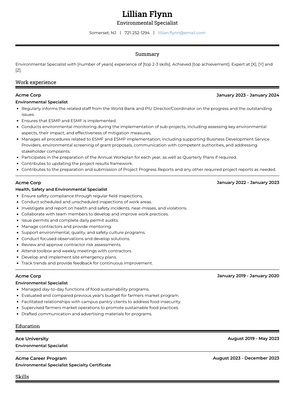 Environmental Specialist Resume Sample and Template