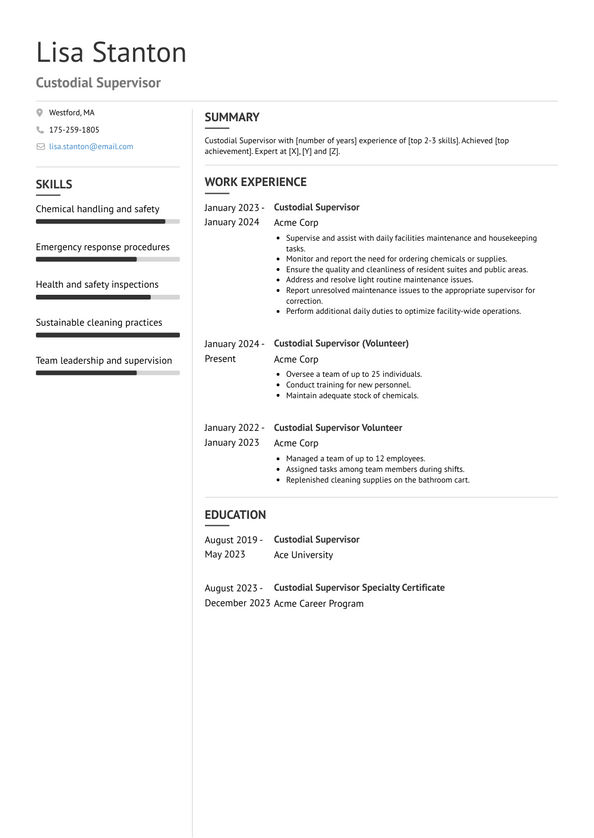 Custodial Supervisor Resume Examples and Templates