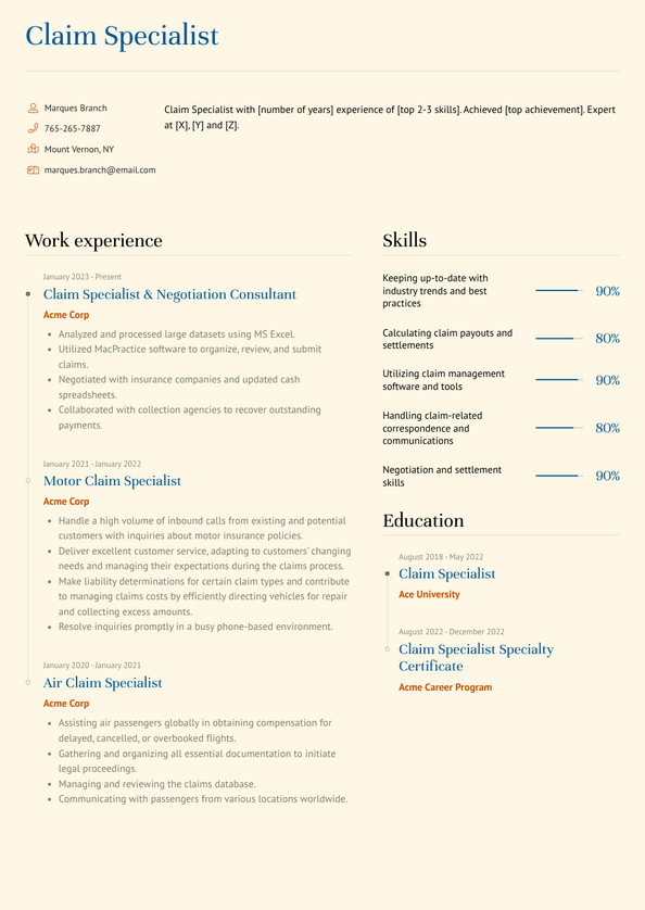 Claim Specialist Resume Examples and Templates