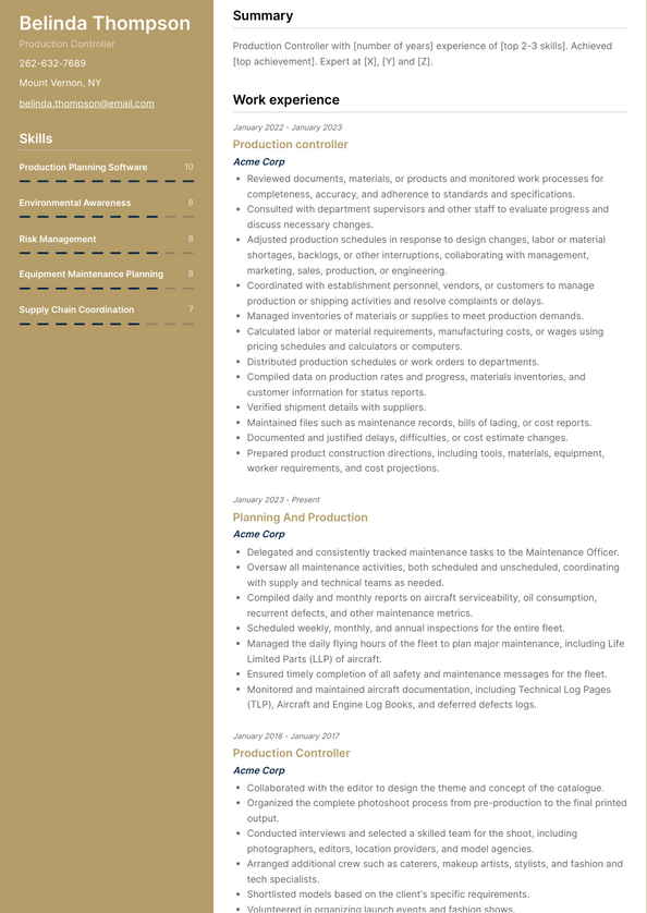 Production Controller Resume Examples and Templates