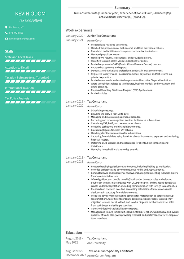 Tax Consultant Resume Examples and Templates