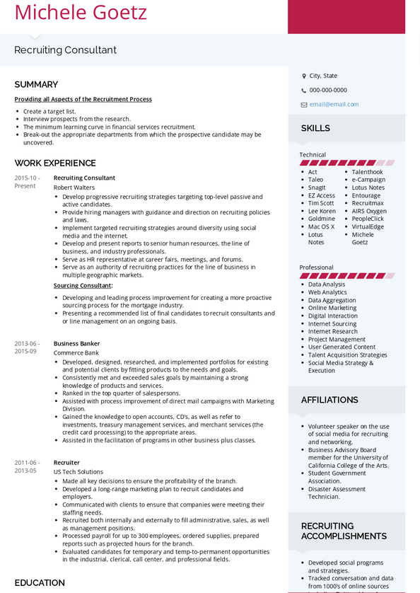 Recruiting Consultant Resume Samples and Templates | VisualCV