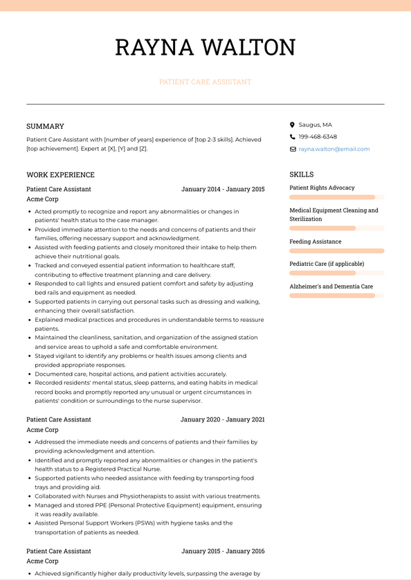 Patient Care Assistant Resume Examples and Templates