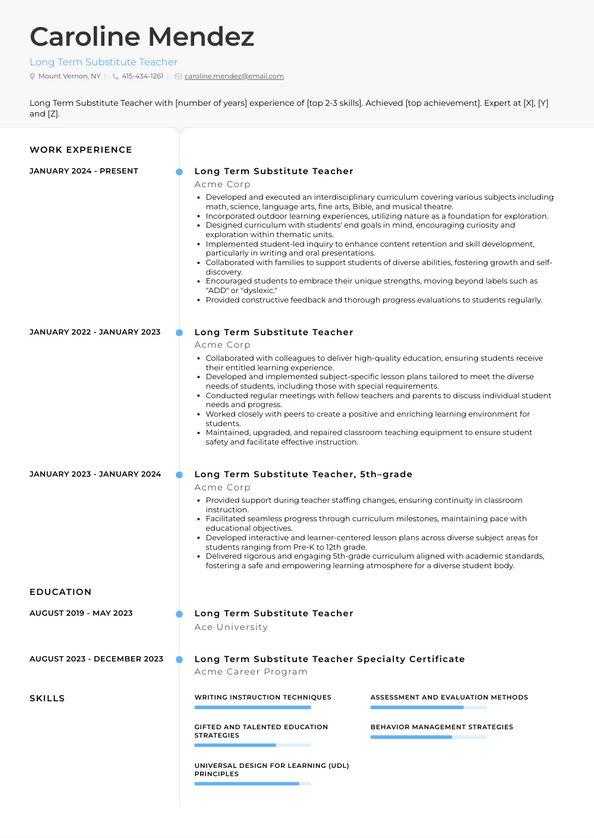 Long Term Substitute Teacher Resume Examples and Templates