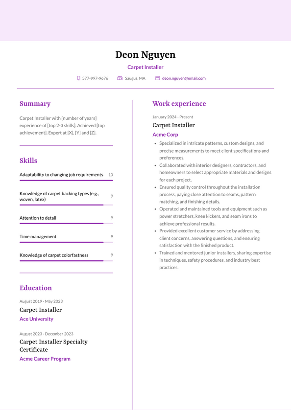 Carpet Installer Resume Examples and Templates