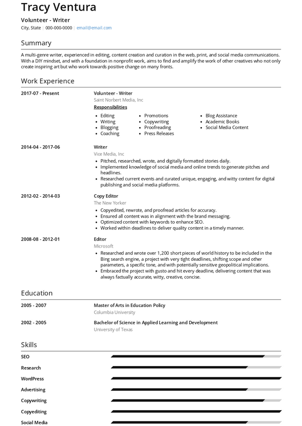 Volunteer Work Resume Samples and Templates | VisualCV