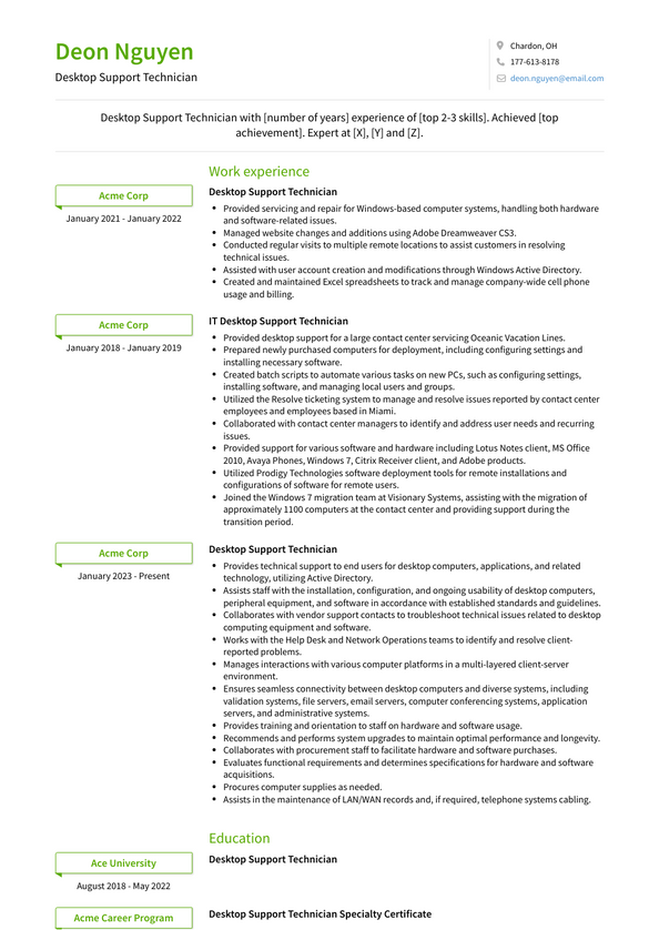 desktop support technician resume summary