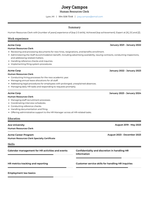 Human Resources Clerk Resume Examples and Templates