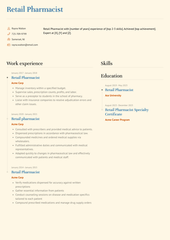 3+ Retail Pharmacist Resume Examples and Templates