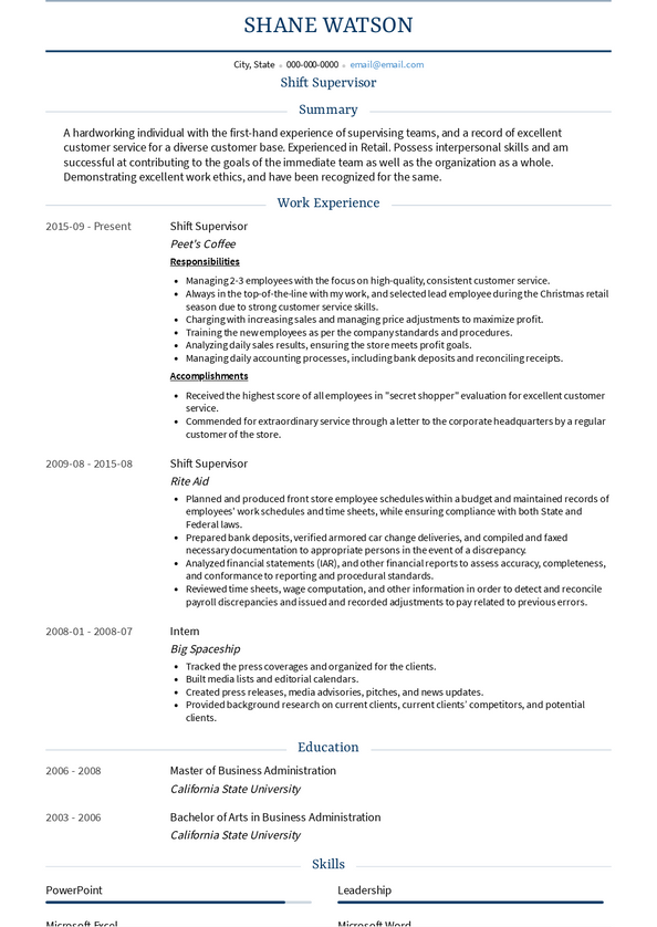 Shift Supervisor Resume Samples and Templates | VisualCV