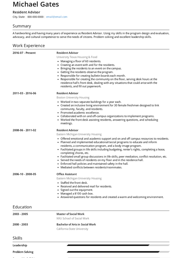 Resident Advisor Resume Samples And Templates | VisualCV