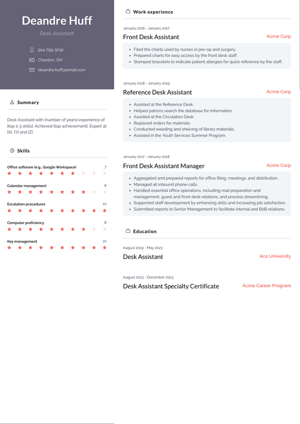 Desk Assistant Resume Examples and Templates