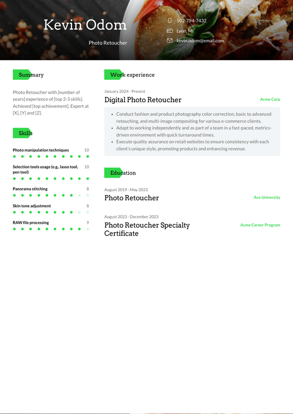 Photo Retoucher Resume Examples and Templates