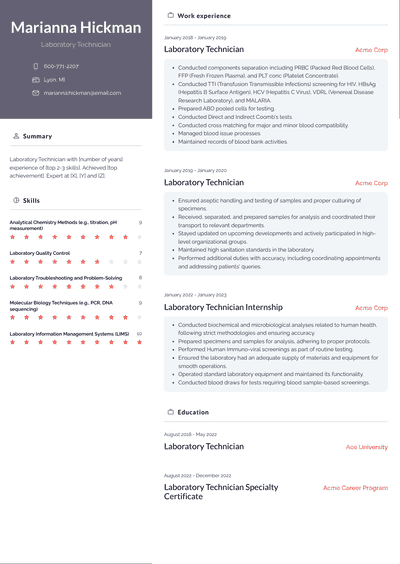 Laboratory Technician Resume Examples and Templates