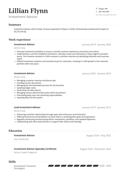 Investment Advisor Resume Examples and Templates