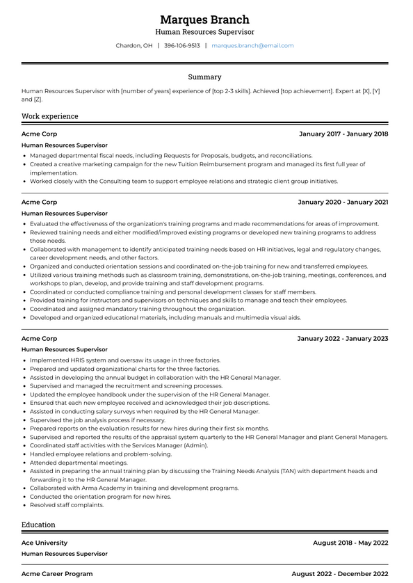 Human Resources Supervisor Resume Examples and Templates