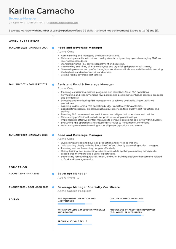 Beverage Manager Resume Examples and Templates