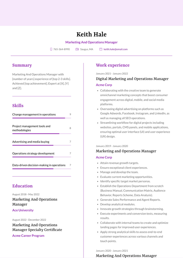 Marketing And Operations Manager Resume Examples and Templates